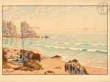 an image of a painting of a beach with rocks and water