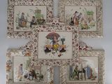 four framed pictures of people with umbrellas and flowers on them