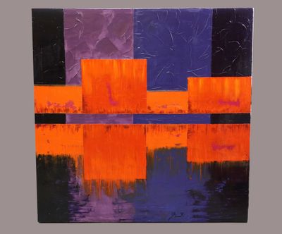 peinture abstraite représentant des carrés orange, violets et noirs sur un fond gris