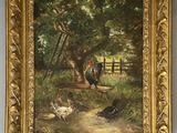 an oil painting of chickens and chickens in a wooded setting