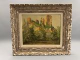 une peinture à l'huile représentant un château au loin, avec des arbres au premier plan