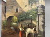 an old painting of a woman with a horse and a dog