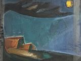 un tableau représentant un bateau sur l'eau, la nuit