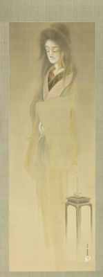 painting of a woman in a kimono robe standing next to a stool