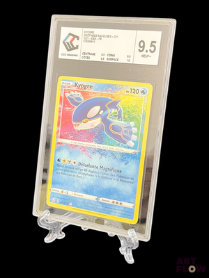 a pokemon card in a clear plastic holder on a black background
