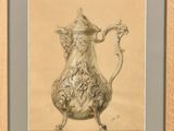 painting of a silver pitcher in a wooden frame on a beige background