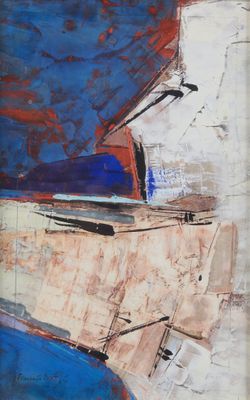 peinture abstraite représentant un bateau bleu et rouge sur l'eau