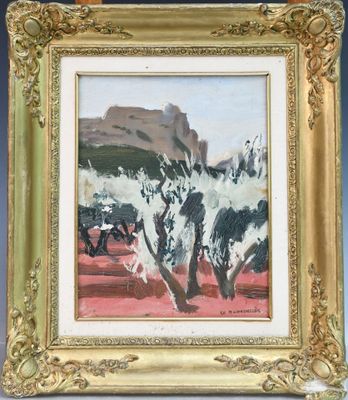 une peinture à l'huile représentant un olivier devant une montagne