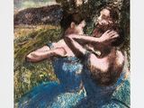 un tableau représentant deux femmes en robe bleue assises dans un champ