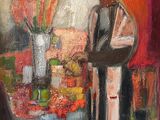une peinture à l'huile représentant un homme debout devant une table ornée de fleurs