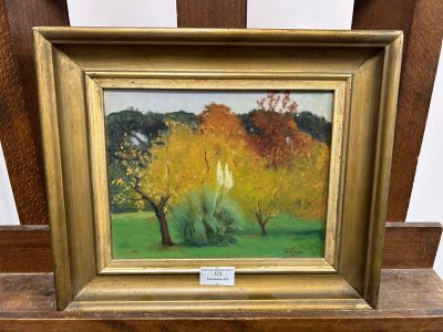an image of a painting of trees in a field with a tag on it