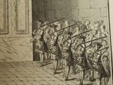 a drawing of a group of men standing in front of a building