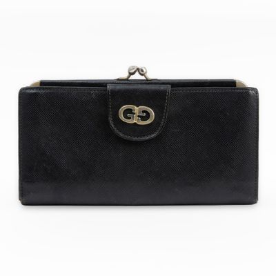 a black leather wallet purse with a metal clasp