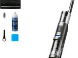 a close up of a vacuum cleaner and cleaning supplies on a white background