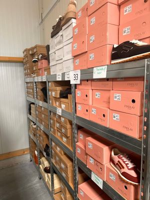 de nombreuses boîtes de chaussures sur les étagères de la pièce