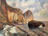 a painting of a painting of a rocky coast