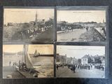 several old black and white photos of people and boats on the water