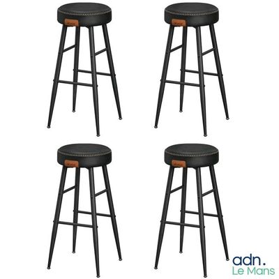 set of four black bar stools with wooden seat