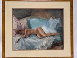 painting of a nude woman laying on a bed in a wooden frame