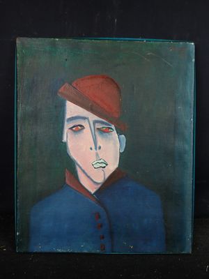 tableau représentant un homme portant un chapeau rouge et une veste bleue