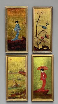 four framed paintings of asian women with umbrellas on a wall