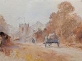 a painting of a horse drawn carriage on a dirt road