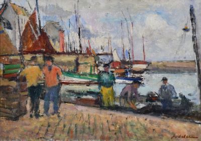 un tableau représentant un groupe de personnes marchant près d'un port