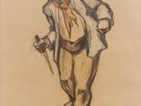 drawing of a man with a hat and a cane walking