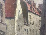 painting of a street scene with buildings and a horse drawn carriage