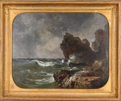 une peinture à l'huile représentant une côte rocheuse avec des vagues se brisant contre les rochers