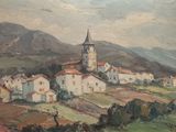 painting of a village with a church on a hill in the background