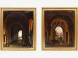 two paintings of a man and a woman in a courtyard