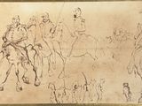 drawing of a group of men riding on horses in a line