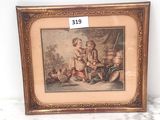 tableau encadré représentant deux enfants jouant avec un chien et un chat
