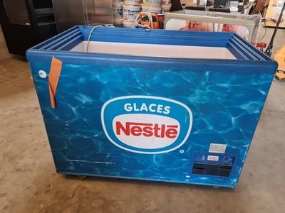 un gros plan sur une glacière bleue posée par terre
