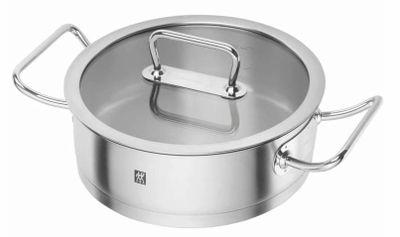a close up of a stainless steel pot with a lid on a white background