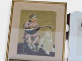 a painting of a woman playing a guitar next to a picture of a child