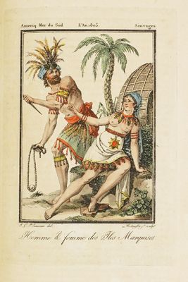 un vieux livre sur lequel figure le dessin d'un homme et d'une femme tenant une épée