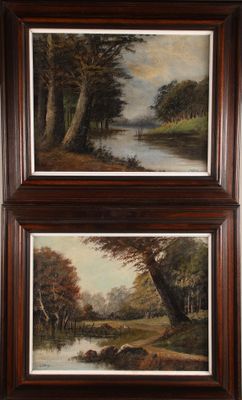 deux tableaux représentant une rivière et un paysage boisé avec des arbres