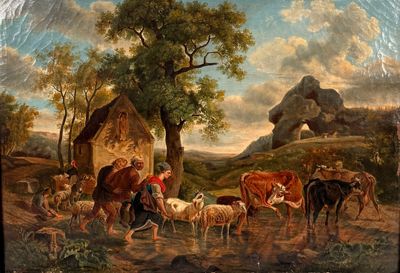 a painting of a group of people and animals in a field