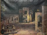 une peinture représentant une scène de rue avec un bâtiment en arrière-plan