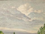 an image of a painting of a landscape with trees and mountains in the background