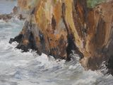 a painting of a person on a surfboard in the water