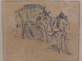 drawing of a horse drawn carriage with a man standing next to it