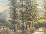 a painting of a country road with trees on both sides of the road