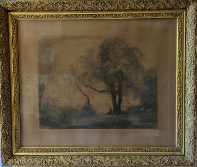 an old picture of a tree in a field with a dog in the distance