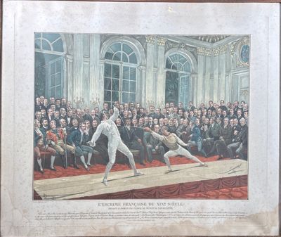 painting of fencing match in front of a large crowd of people