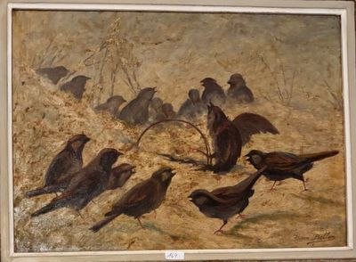tableau représentant une volée d'oiseaux dans un champ, avec un arbre mort en arrière-plan