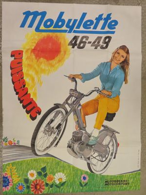 a poster of a woman riding a bike on the ground