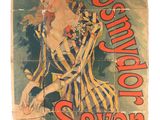 an old poster of a woman in a striped dress is on display